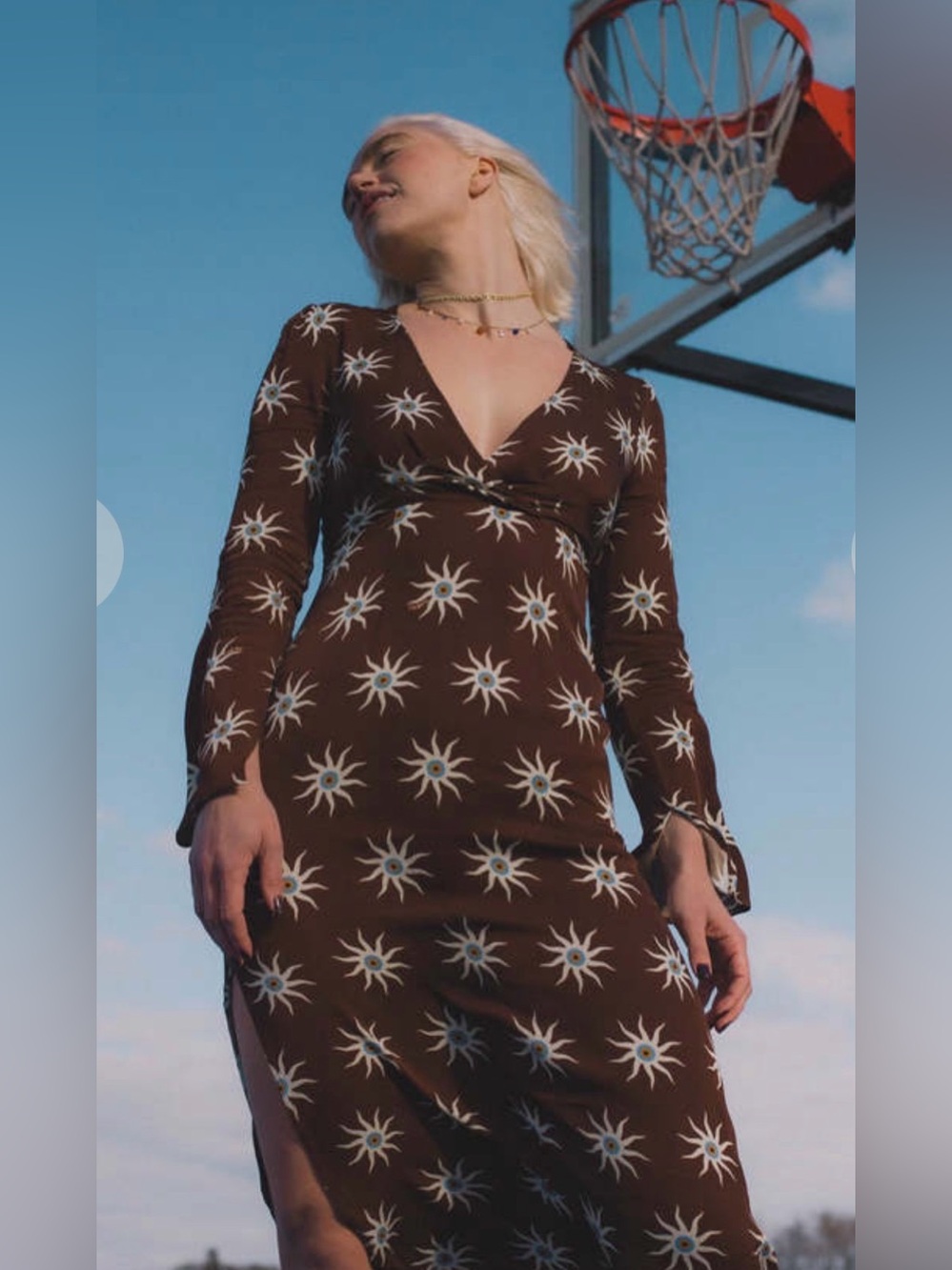 Sunburst Print Long-Sleeve V-Neck Maxi Dress in Brown. Like New